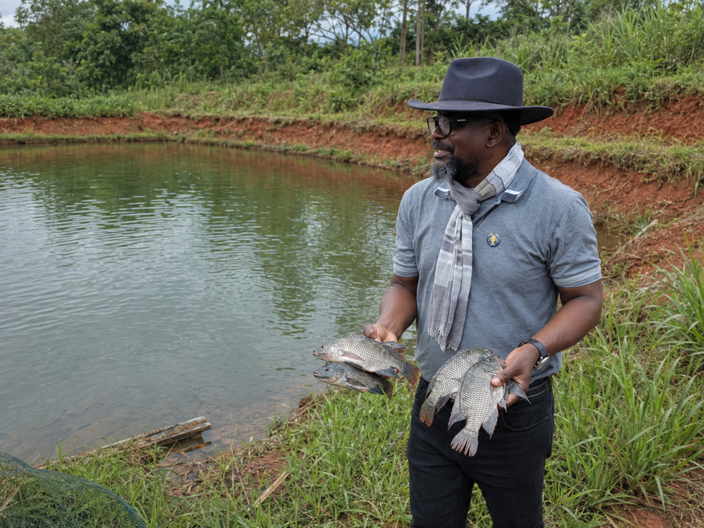 Le promoteur tenant des poissons au bord d’un étang de Lys Ferme